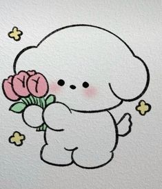 a drawing of a dog holding a flower