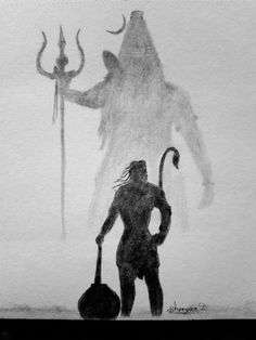 a black and white drawing of a man holding a broom with an evil demon behind him