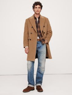 Camel-Wool-Cashmere Topcoat | Banana Republic Overcoat Outfit, Polo Players, Long Peacoat, Winter Trench Coat, Peak Lapel, Latest Mens Fashion, Cool Street Fashion, Shop Mens Clothing, Italian Fabric