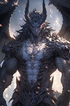 a demonic looking man with horns and wings on his chest