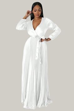 Elevate your elegance with the Eulalia Pleated Maxi Dress. Featuring a deep V-neck, wrap design, and belted high waist, this A-line dress boasts long bishop sleeves and a beautifully pleated hem. Crafted from non-stretch fabric, it offers a sophisticated and timeless look for any special occasion. Shop now to embrace refined style! 95% Polyester, 5% Elastane Model is wearing size small Please allow 3-5 business days to process and ship Long Dress Style, Boubou Styles, Boubou Styles For Women, Belted Maxi Dress, Bandage Jumpsuits, Maxi Dress Sale, Pleated Maxi Dress, Pleated Maxi, Plus Size Shopping