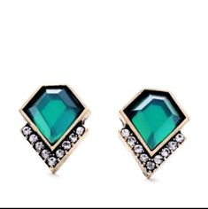 Brand New Bronzed Gold And Green Size .3" Tall, Art Deco Style Emerald Earrings Studs, Deco Earrings, Unusual Earrings, Triangle Studs, Antique Wedding, Earrings Studs, Art Deco Earrings, Crystal Stud Earrings, Emerald Earrings