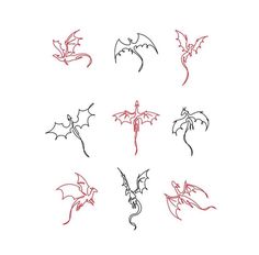 six different types of dragon tattoos on a white background, each with red ink and black outline