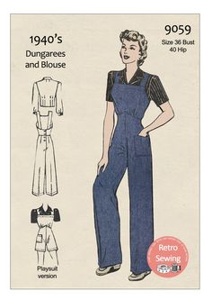 1940's Dungarees and Blouse Rosie the Riveter PDF | Etsy Rosie Riveter, Play Suit, Fitted Blouse, Home Sewing, Angora Sweater, Rosie The Riveter, Vintage Knitting Patterns, Pdf Knitting Pattern, Fair Isle Sweater