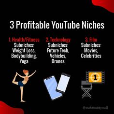 a woman standing in front of a black background with the words 3 portable youtube niches