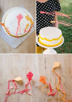 four different pictures showing how to make kites out of cake icing and paper