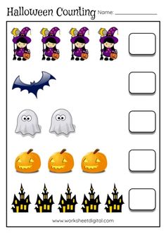 halloween counting worksheet with pumpkins and ghostes on the front, which includes two