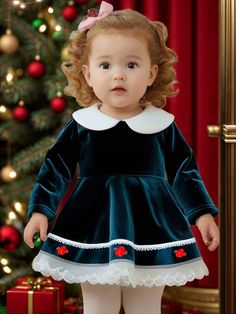 Baby Girl Autumn/Winter Velvet Retro French Court Style Dress Green   Long Sleeve Fabric Plants Smock Slight Stretch  Baby Girls Clothing, size features are:Bust: ,Length: ,Sleeve Length: Christmas Dress Kids, Baby Dress Embroidery, Kids Christmas Dress, Red Christmas Dress, Style Français, Black And White Baby, Elegant Dresses Long, Dress Hats