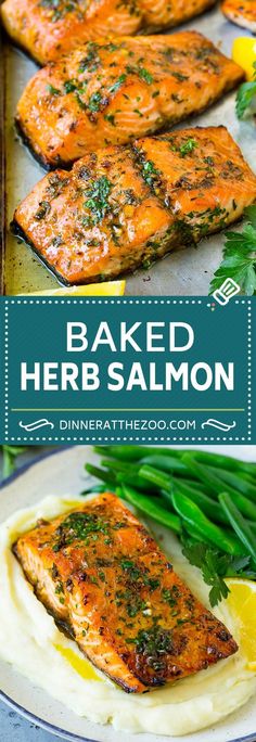 baked herb salmon on top of mashed potatoes