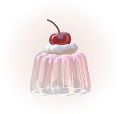 a pink cake with a cherry on top and whipped cream around the edges, sitting in front of a white background