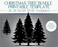 the christmas tree bundle printable template is shown in black and white, with three pine trees on each side