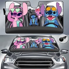 three cartoon characters sitting in the front seat of a car