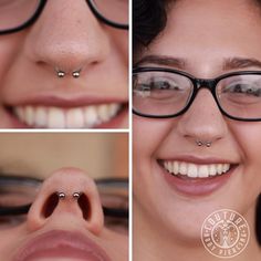 three pictures of a woman with glasses and nose piercings on her nose, the bottom photo shows an individual's nose