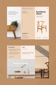 an open brochure is shown with furniture on the front and back pages, along with