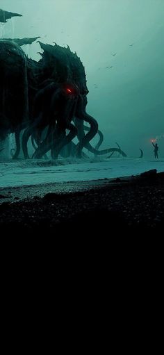 the giant octopus is standing in front of an ocean monster with red lights on it's eyes