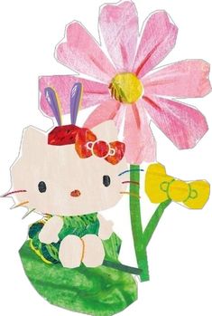 a drawing of a hello kitty sitting next to a flower