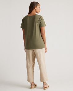 Only the best for your perfect cotton tee! This super soft and stretchy cotton blend is wrinkle-resistant with a flattering, smooth finish. It's easygoing for everyday wear, and has comfy wearability to pair with any outfit.  | Quince | Women's Cotton Modal Scoop Neck T-Shirt in Dark Olive, Size Large, Cotton/Modal Silk Pajama Pants, Silk Tee, Wide Leg Linen Pants, Linen Short, Scoop Neck Tee, Silk Tank, Silk Pajamas, Collar Blouse, Crew Neck Tee