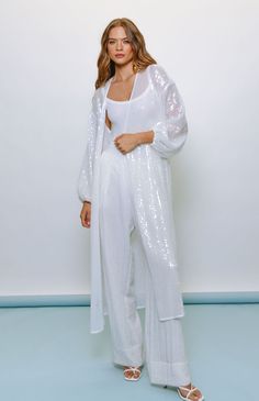 Maxi length cover-up Long sleeve Sheer fabric Tie at waist for closure Fabric: Sequin Mesh HPS: 51" Dry clean only Jumpsuit Skirt, Dry Clean Only, White Maxi, Sheer Fabric, Sheer Fabrics, Individual Style, Dress Romper, Fall Dresses, Body Measurements