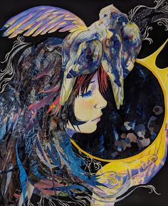 a painting of a woman with wings on her head and the moon in front of her