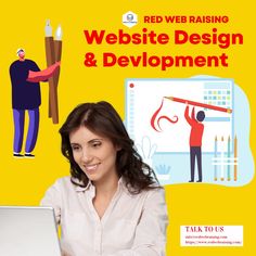 a woman sitting in front of a laptop computer on top of a yellow background with the words website design and development