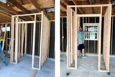 two pictures of the inside of a house being built with wood framing and walls in place