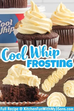 an advertisement for cool whip frosting with chocolate cupcakes and vanilla frosting