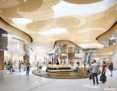 people are walking around in the lobby of a shopping mall with large wooden ceilinging