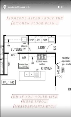 the floor plan for a home with measurements on it and an image of the kitchen