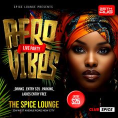 the space lounge flyer for afro party with an image of a woman in head scarf