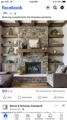 a living room with a fireplace and shelves on the wall, in front of a facebook page