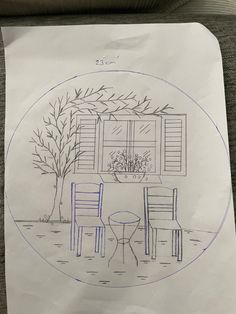 a drawing of two chairs and a table