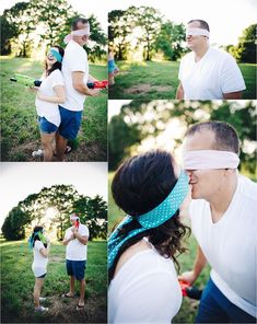 a man and woman with blindfolds on their faces are standing in the grass