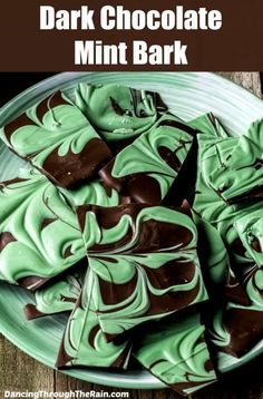 chocolate mint bark on a plate with text overlay that reads dark chocolate mint bark