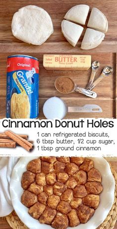 cinnamon donut holes on a white plate with cinnamon sticks and sugar next to them