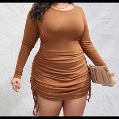 Brand New Tan/Brown Side String Dress. Perfect For Fall. Its Stretchy And Comfortable. Plus Size Going Out Outfits, String Dress, Plus Size Elegant Dresses, Plus Size Summer Tops, Curvy Model, Plus Size Models, Short Dresses Casual, Shein Dresses, Trendy Plus Size Clothing