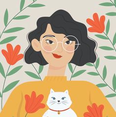 a woman with glasses holding a white cat in front of red flowers and green leaves