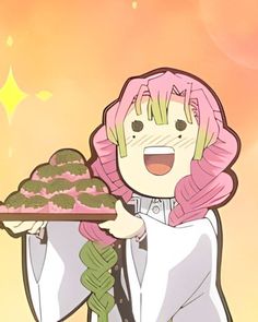 a person holding a plate with food on it and wearing a pink wig in front of an orange sky