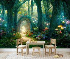 a room with a table and two chairs in front of a wall mural depicting a forest scene