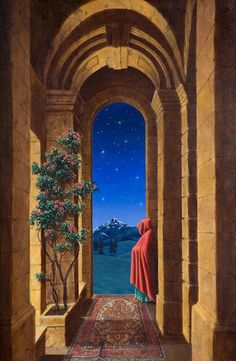 a painting of a person standing in an archway looking out at the mountains and stars