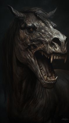 a horse with its mouth open and it's teeth wide open, showing fangs