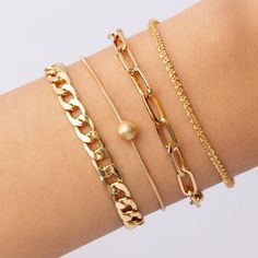 Four separate bracelets Includes everything pictured Material: gold plated brass Length: 6.5" + 2" extension IMPORTED Trendy Gold Beaded Bracelet With Chain, Trendy Gold Metal Beaded Bracelets, Trendy Gold Bracelets With Extender, Trendy Gold Bracelet With Extender, Gold Beaded Bangle Bracelet With Extender, Gold Chain Bracelet With Extender, Gold Metal Beaded Bracelets, Pearl Cuff, Daisy Bracelet