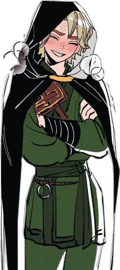 a drawing of a woman in green and black clothes with her arms crossed, wearing a hood