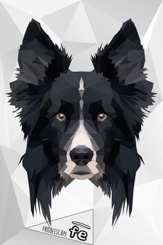 a black and white dog's face is featured in this low poly art style