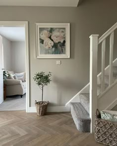 Meg McEnery | ✨ Sunday still Wall colour @farrowandball Cornforth White Wall art @johnlewis Rattan planter @shopcountryinteriors Olive tree... | Instagram Hallway Wall Colors, Entrance Hall Decor, White Hallway, Cornforth White, Hall Colour, Hallway Colours, House Staircase, Hallway Inspiration