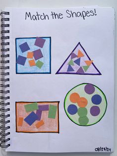 a notebook with different shapes and words written on the page that says match the shapes