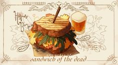 an illustration of a sandwich with a pint of beer in the middle and leaves around it