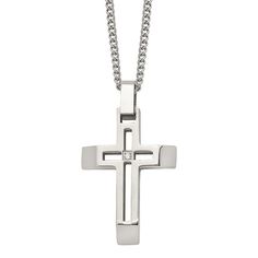 Wear your faith close to your heart with this men's stainless steel cross pendant. Wear your faith close to your heart with this men's stainless steel cross pendant. Pendant size: 35 mm x 24 mm Chain length: 22 in. Chain type: cable Chain width: 2 mm Metal: stainless steel Finish: polished Packaging: boxedSTONE DETAILS Stone type: cubic zirconia Shape: round Setting: prong Please note, due to the high value of this item, a signature may be required upon delivery. Size: One Size. Color: White. Ge White Gold Stainless Steel Cross Pendant Necklace, Father's Day Stainless Steel Cross Pendant Necklace, White Gold Stainless Steel Cross Necklace, Modern Stainless Steel Cross Pendant Necklace, Modern Stainless Steel Cross Jewelry, Father's Day Stainless Steel Cross Necklace, Stainless Steel Cross Pendant, Steel Cross, Mens Crosses