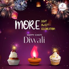 happy diwali greeting card with cupcakes and firework on purple background