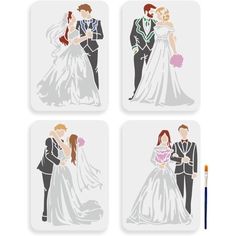 four wedding coasters with the bride and groom in their tuxedos, holding each other