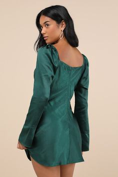 You'll be destined for fabulousness when you slip into the Lulus Sensational Fate Emerald Green Satin Cowl Neck Mini Dress for a night of drinks and dancing! Luxe stretch-woven satin shapes this effortlessly chic dress that features a flirty cowl neckline and long sleeves with elastic at the shoulders and unique flaring cuffs. The figure-skimming silhouette continues down to a subtle A-line skirt that ends at a cute mini hem. Hidden back zipper/clasp. Fit: This garment fits true to size. Length: Green Long Sleeve Satin Dress For Party, Fitted Satin Finish Cocktail Dress, Satin Dress For Party In Fall, Fitted Satin Dress For Night Out In Fall, Fitted Satin Dress For Fall Night Out, Fitted Satin Dress For Fall Party, Fitted Satin Mini Dress For Fall, Mini Length Satin Dress For Fall Party, Fitted Mini Satin Dress For Fall